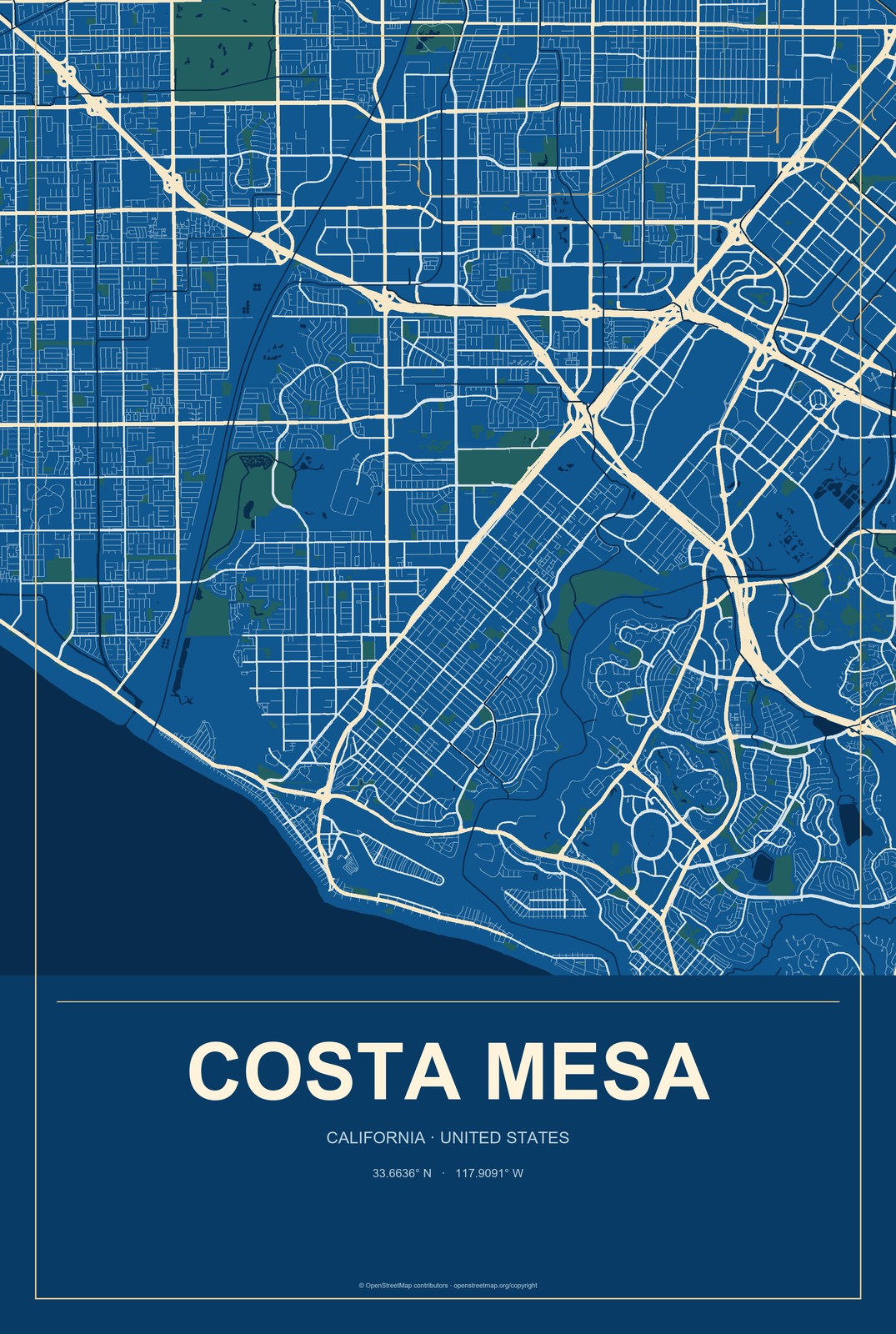 Costa Mesa, California City Map Aluminum Sign in Harbor Cobalt style