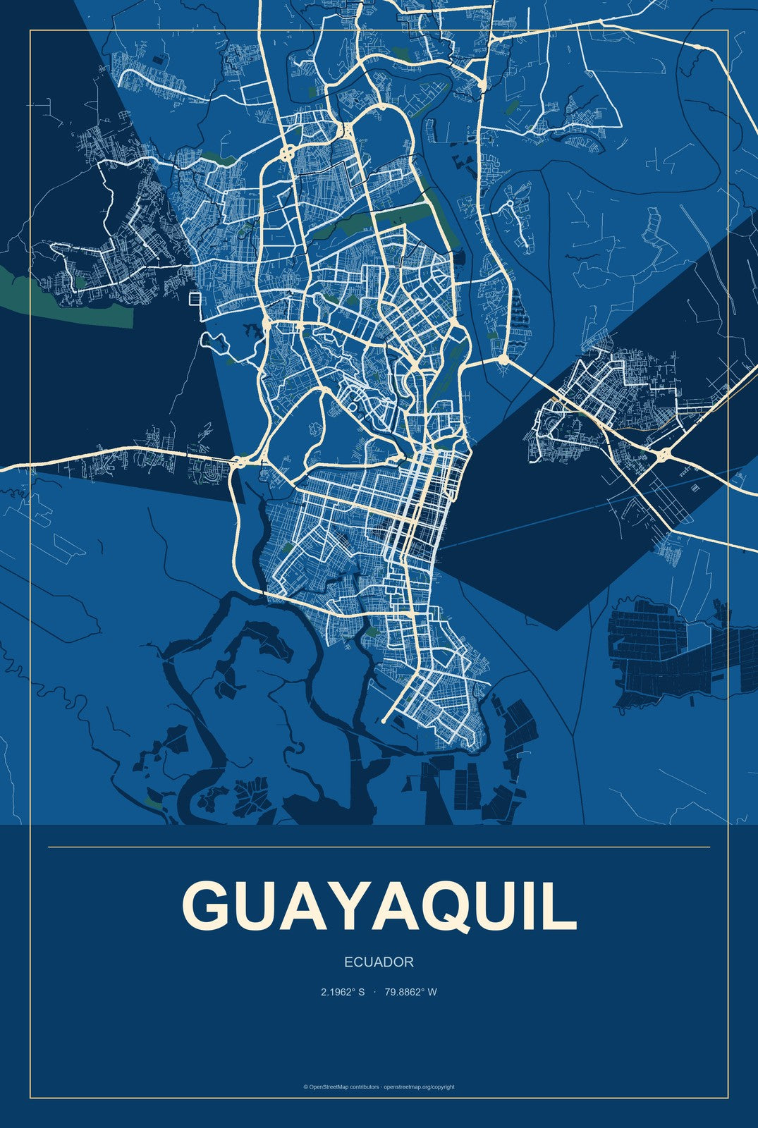 Guayaquil, Ecuador City Map Aluminum Sign in Harbor Cobalt style