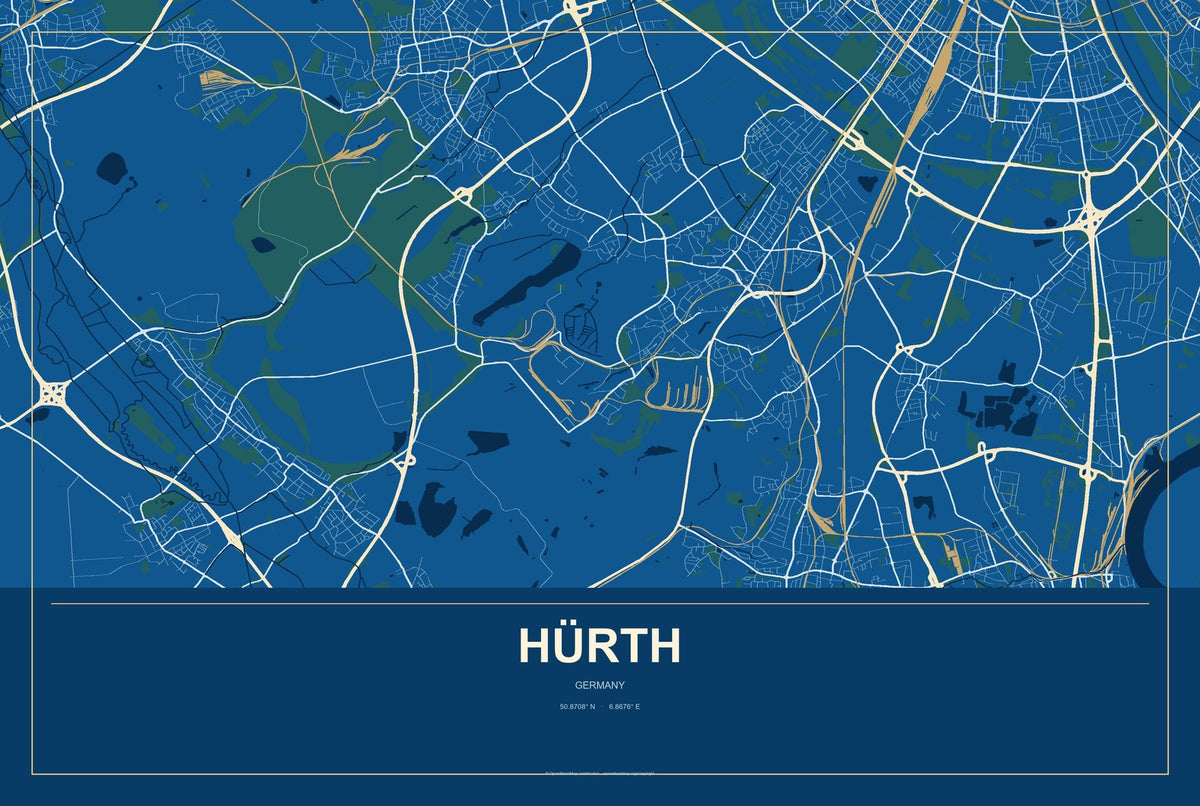 Hürth, Germany City Map Aluminum Sign in Harbor Cobalt style