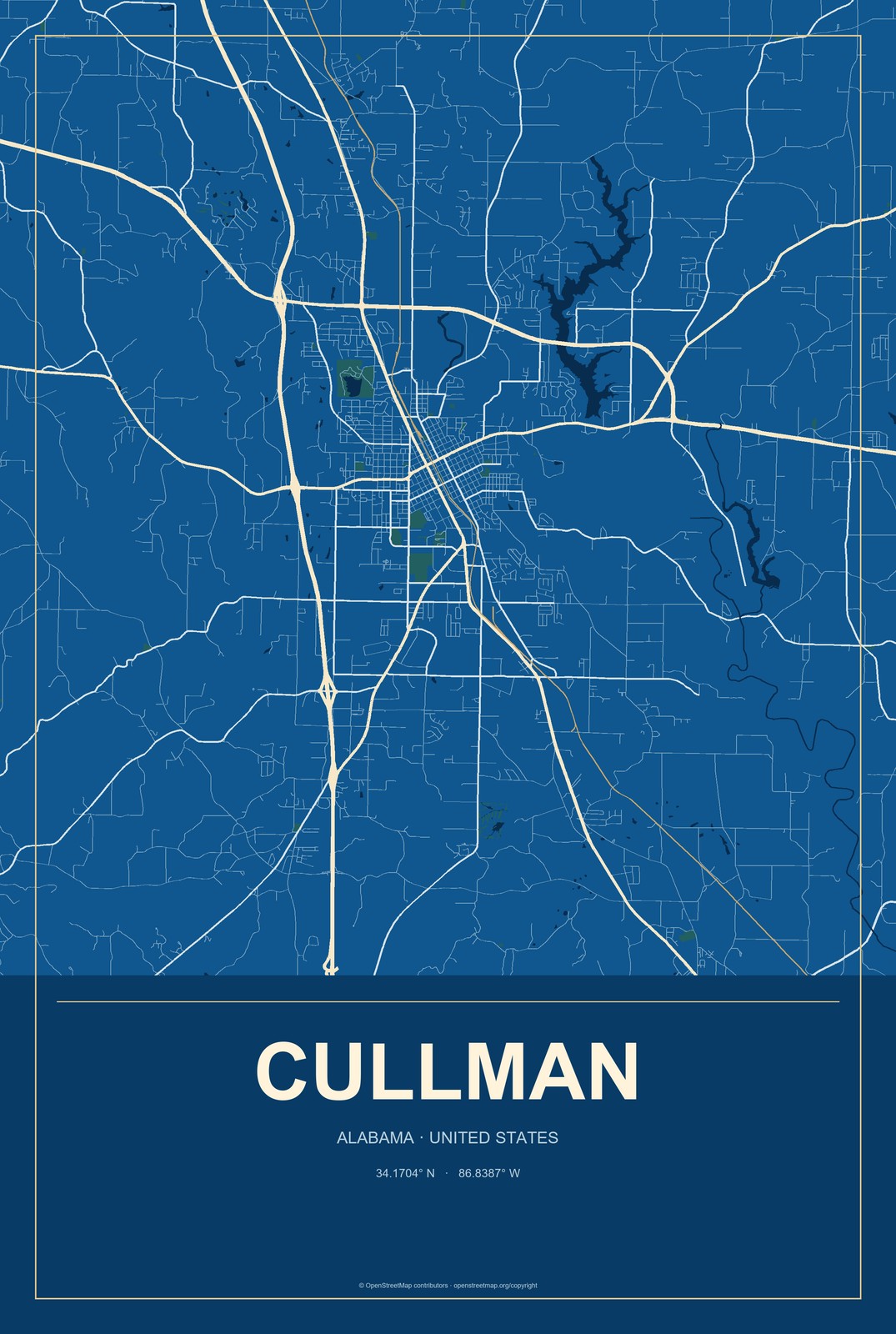 Cullman, Alabama City Map Aluminum Sign in Harbor Cobalt style