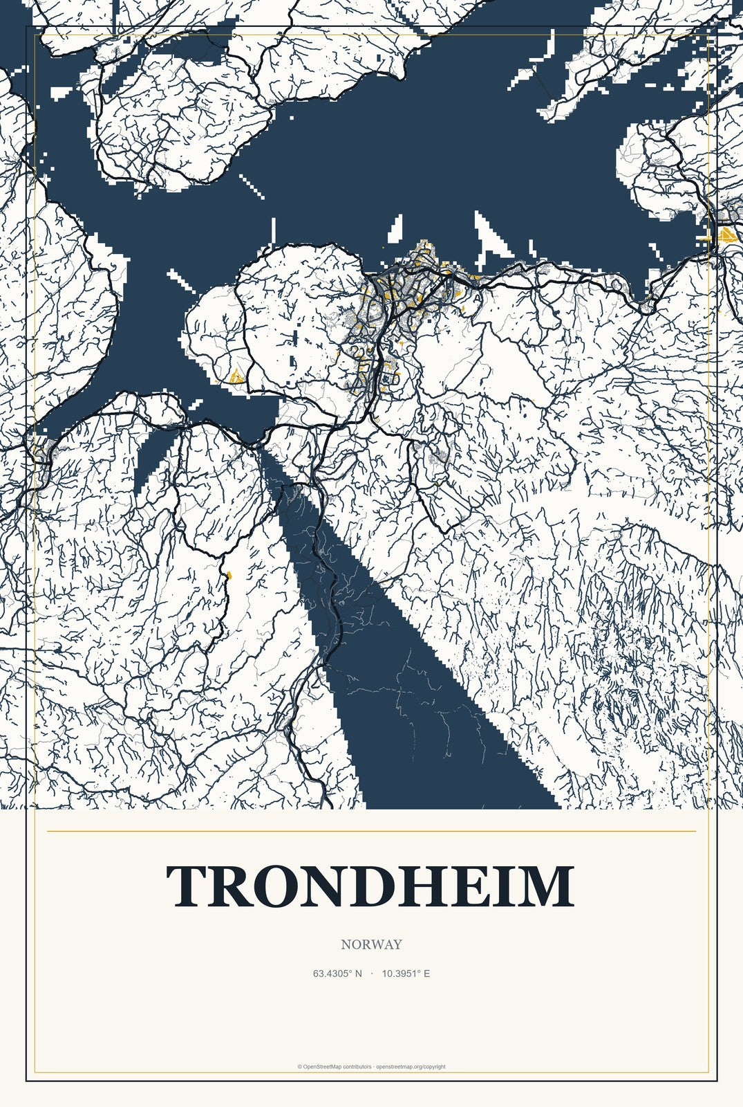 Trondheim, Norway City Map Aluminum Sign in Citrine Modern style
