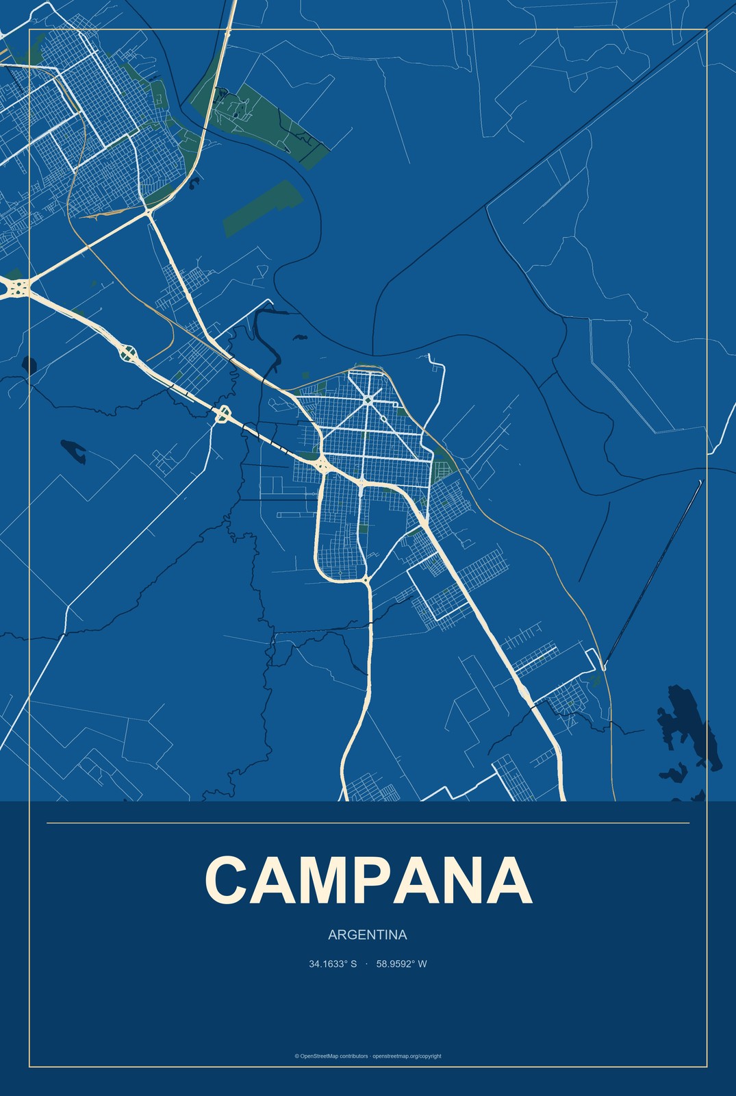 Campana, Argentina City Map Aluminum Sign in Harbor Cobalt style