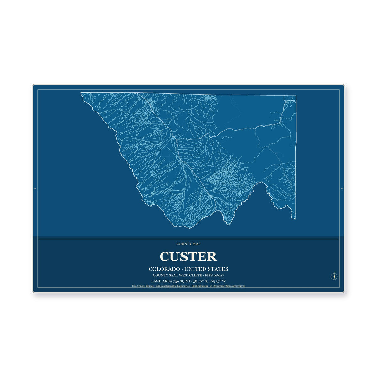 Custer County, Colorado Map Aluminum Sign in Harbor Cobalt style