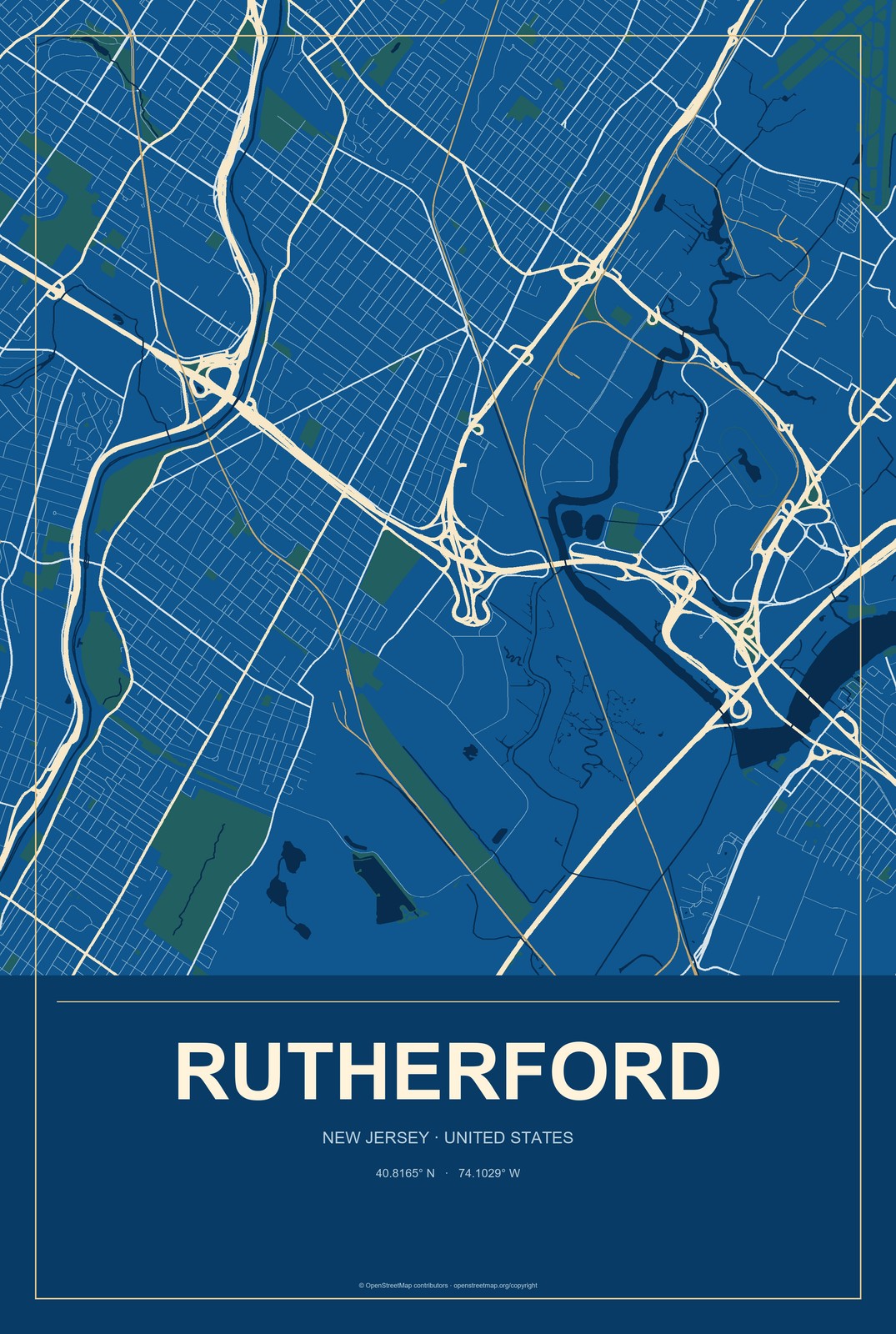 Rutherford, New Jersey City Map Aluminum Sign in Harbor Cobalt style