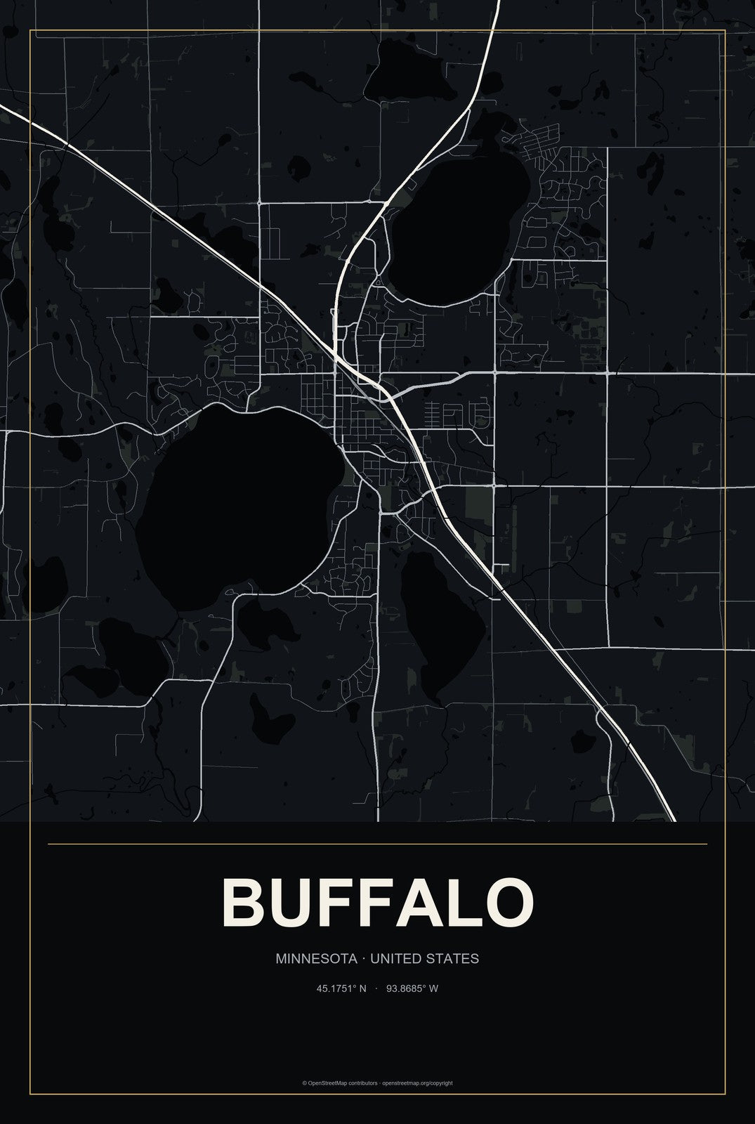 Buffalo, Minnesota City Map Aluminum Sign in Metropolitan Noir style