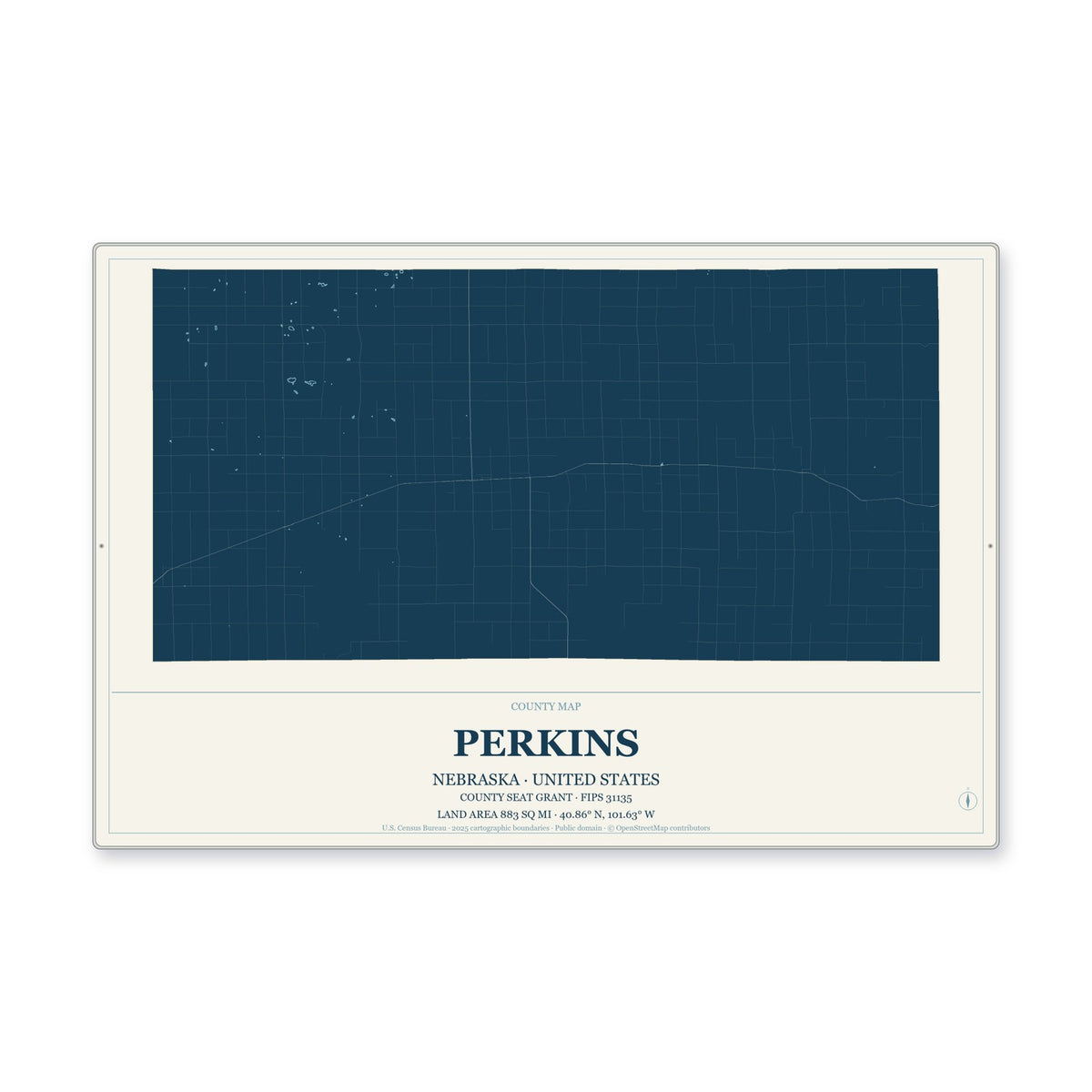 Perkins County, Nebraska Map Aluminum Sign in Coastal Cutout style