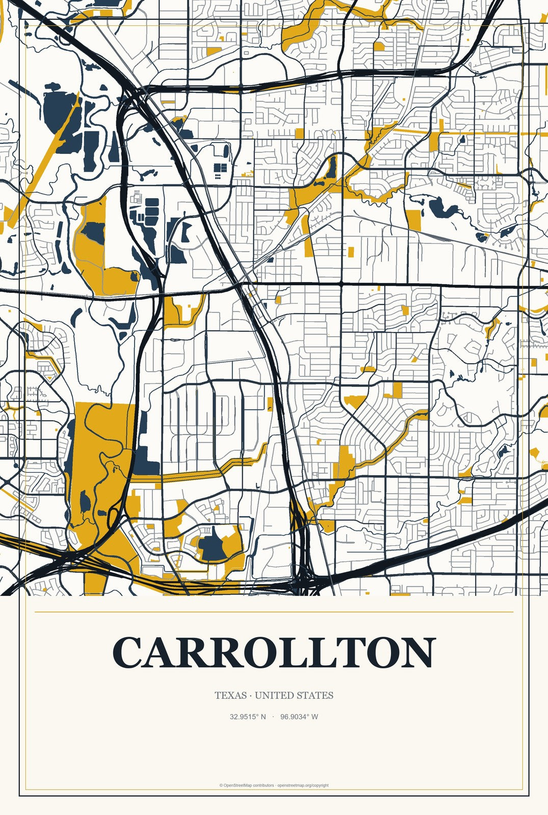 Carrollton, Texas City Map Aluminum Sign in Citrine Modern style
