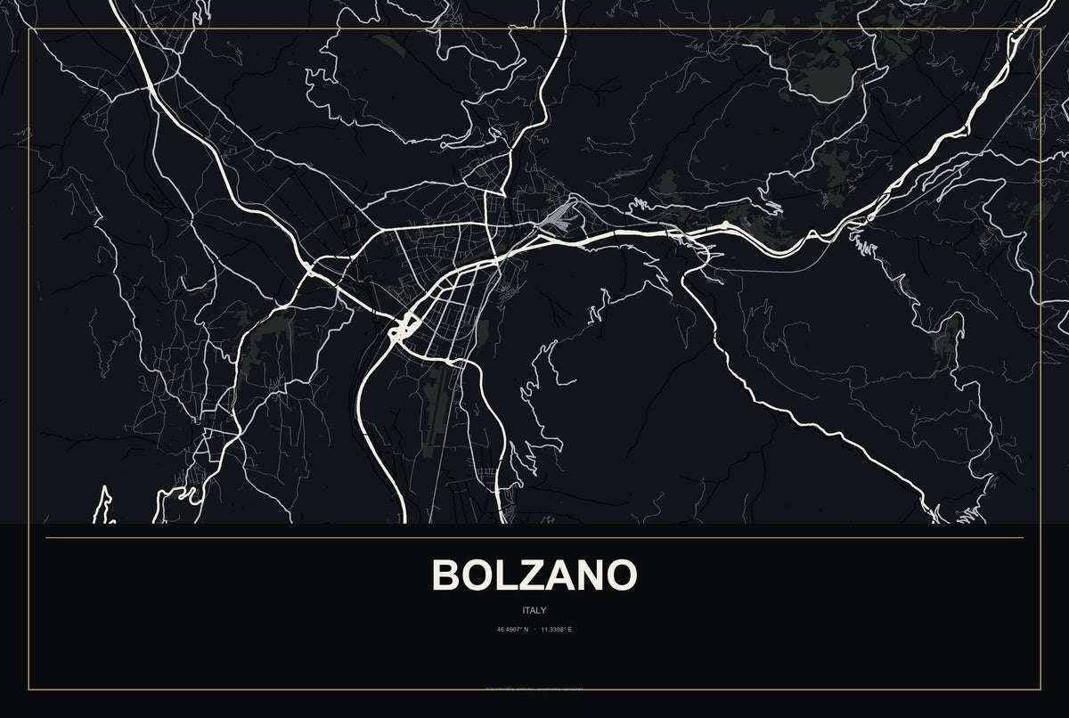 Bolzano, Italy City Map Aluminum Sign in Metropolitan Noir style