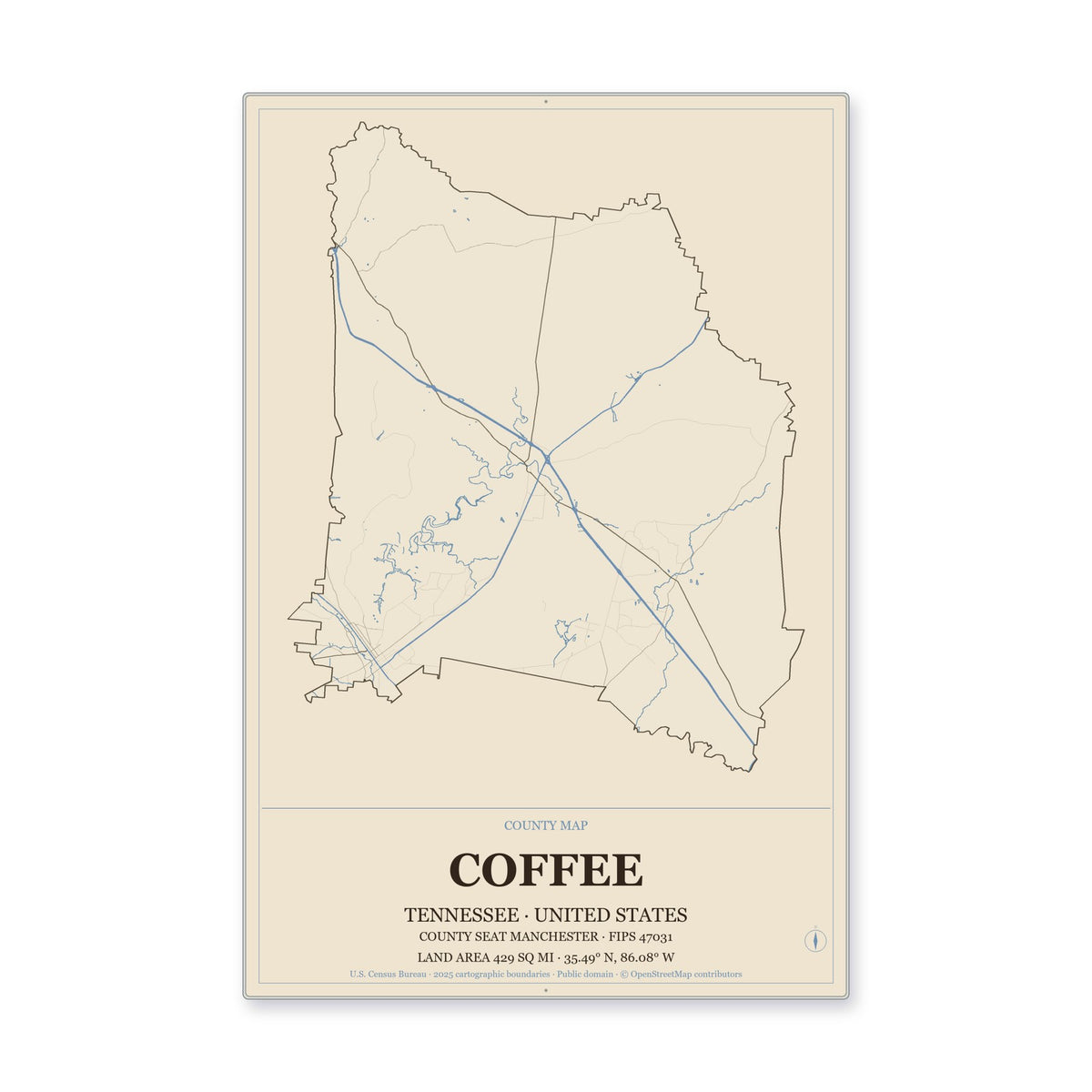 Coffee County, Tennessee Map Aluminum Sign in Heritage Nautical style