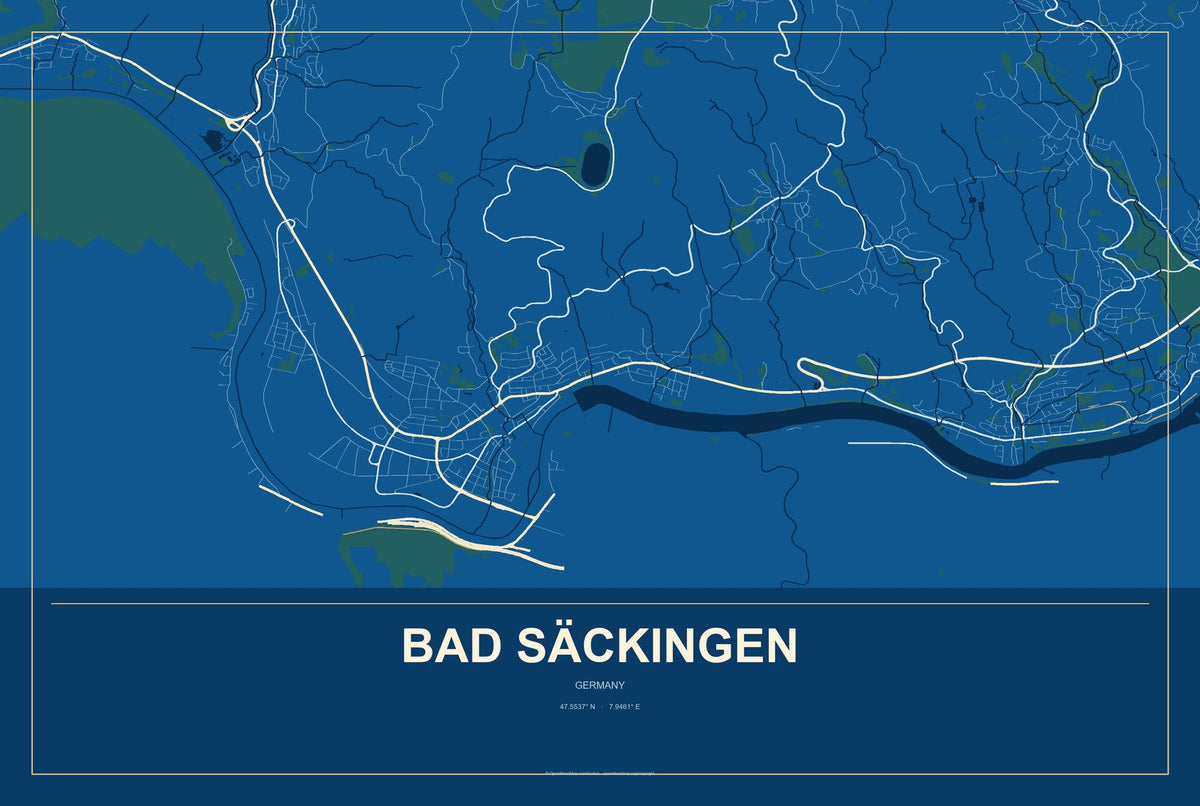 Bad Säckingen, Germany City Map Aluminum Sign in Harbor Cobalt style