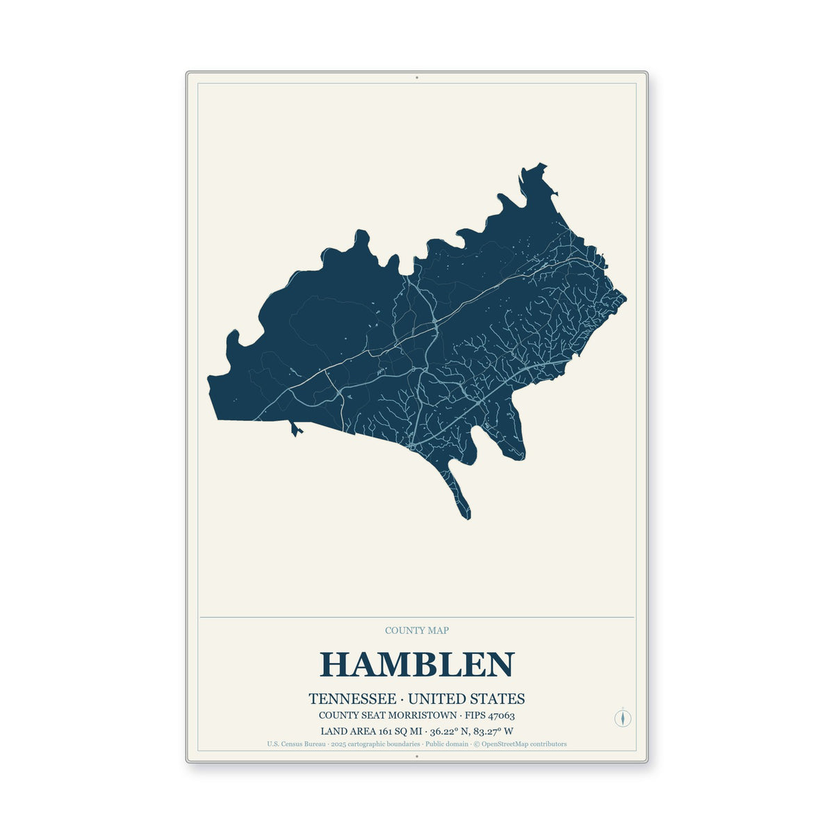 Hamblen County, Tennessee Map Aluminum Sign in Coastal Cutout style
