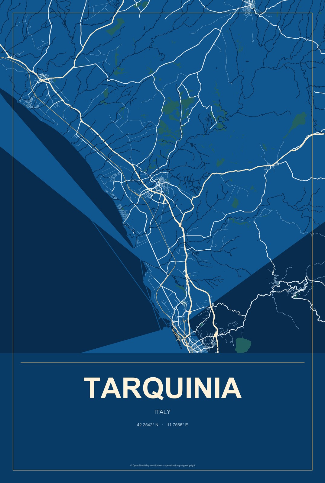 Tarquinia, Italy City Map Aluminum Sign in Harbor Cobalt style