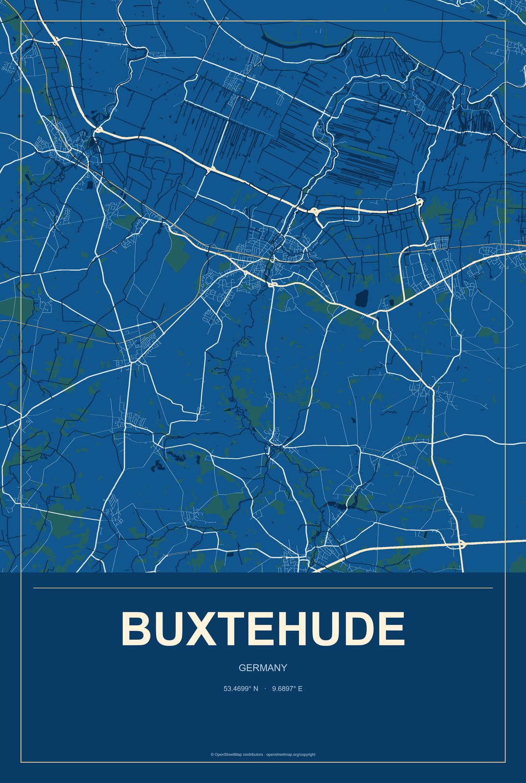Buxtehude, Germany City Map Aluminum Sign in Harbor Cobalt style