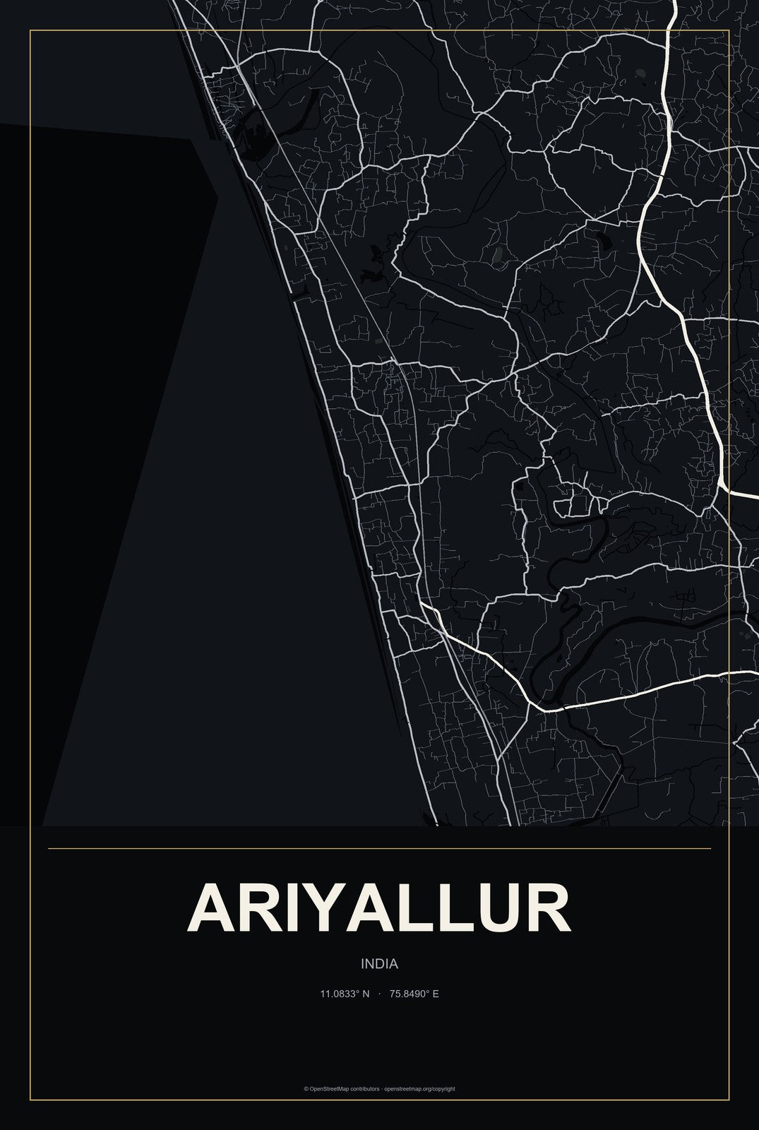 Ariyallur, India City Map Aluminum Sign in Metropolitan Noir style