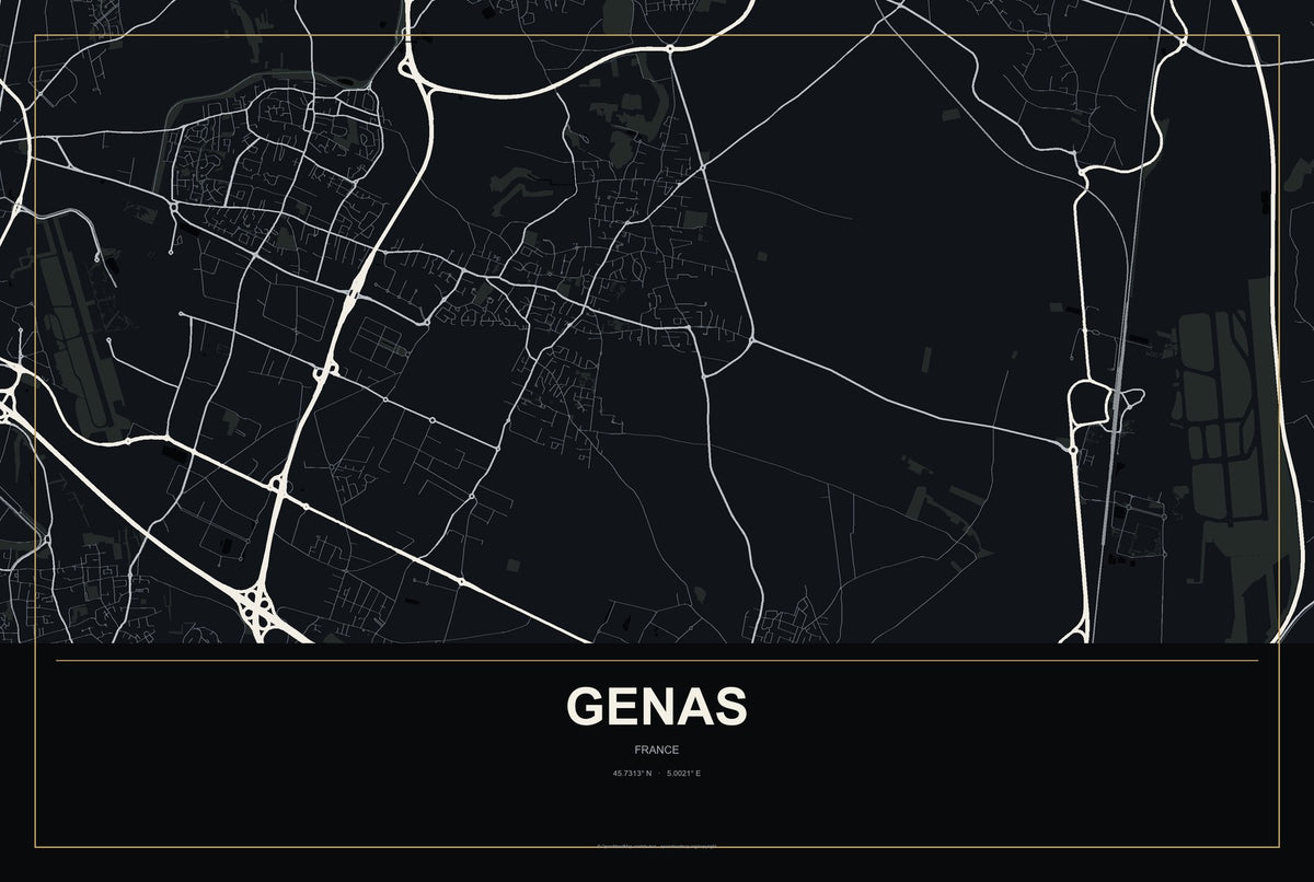 Genas, France City Map Aluminum Sign in Metropolitan Noir style