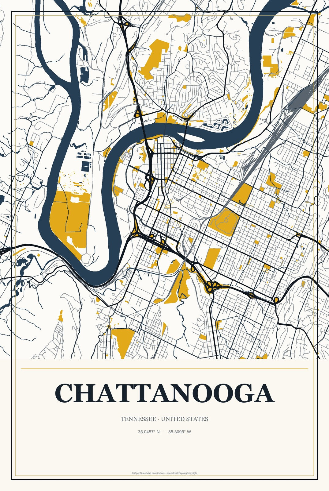 Chattanooga, Tennessee City Map Aluminum Sign in Citrine Modern style