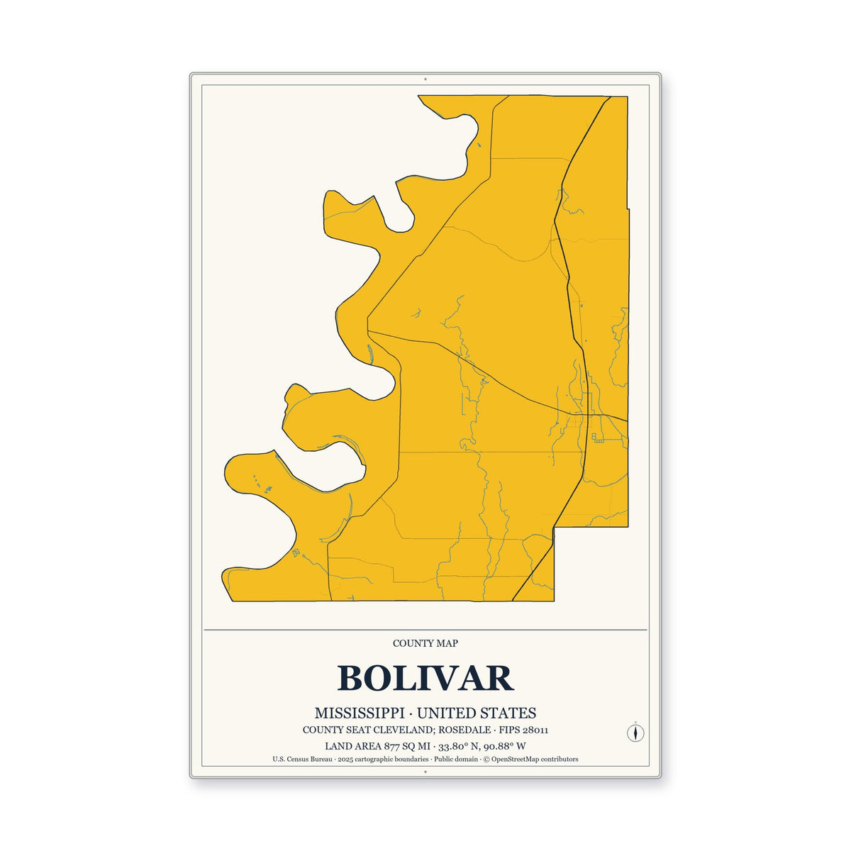 Bolivar County, Mississippi Map Aluminum Sign in Citrine Modern style