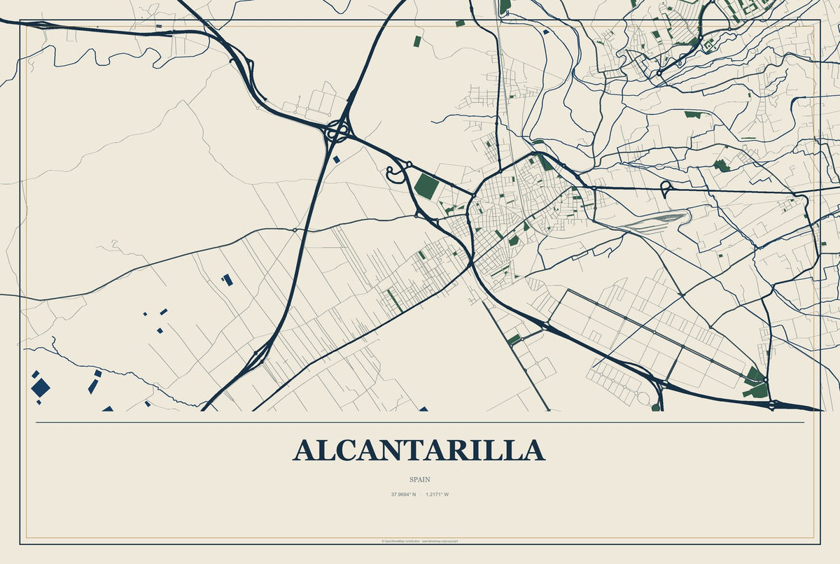 Alcantarilla, Spain City Map Aluminum Sign in Coastal Cutout style