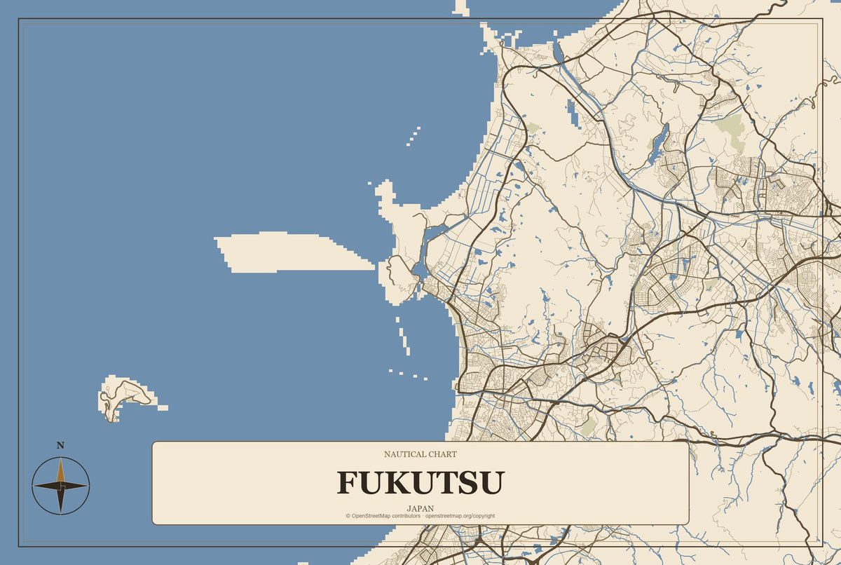 Fukutsu, Japan City Map Aluminum Sign in Heritage Nautical style