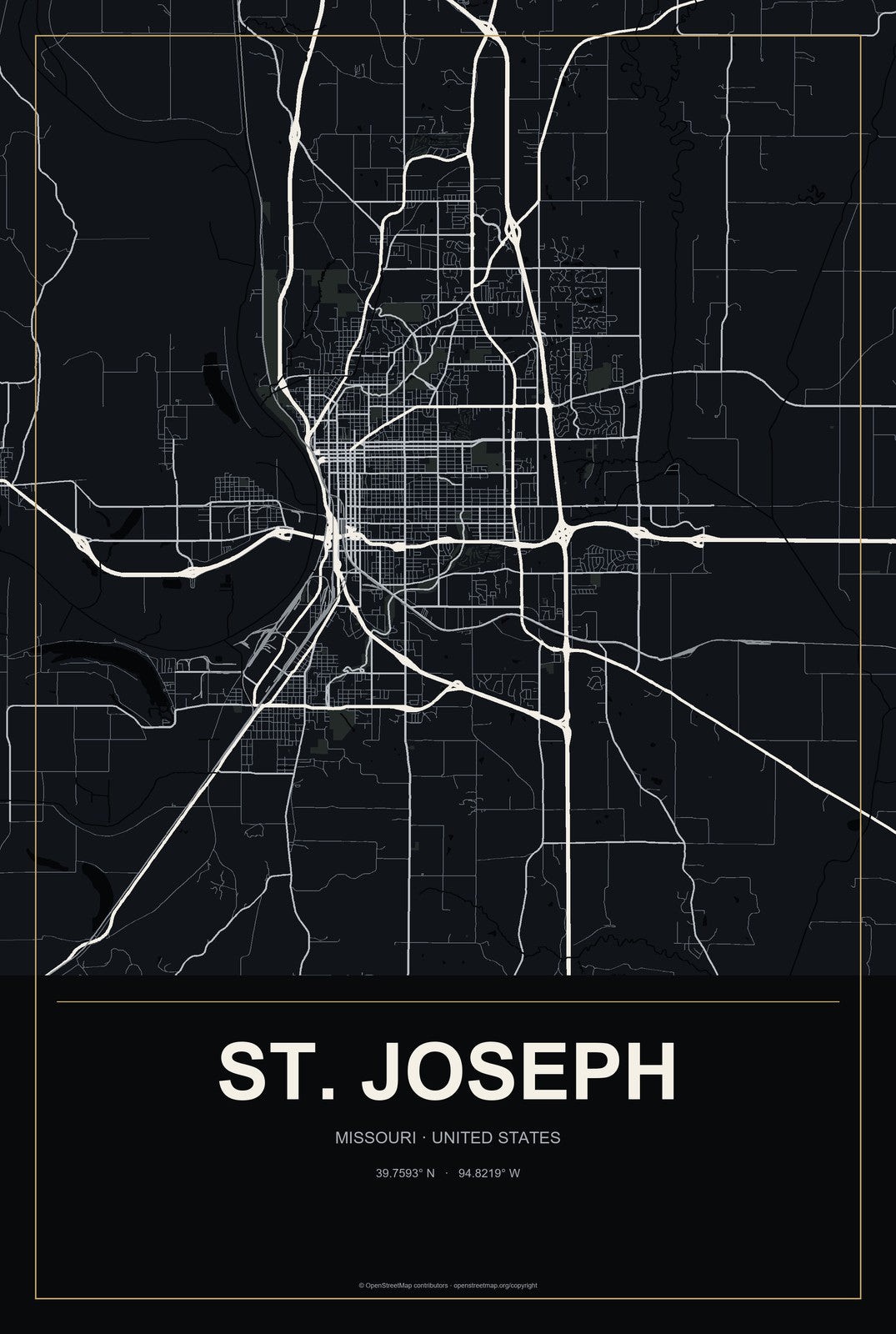 St. Joseph, Missouri City Map Aluminum Sign in Metropolitan Noir style