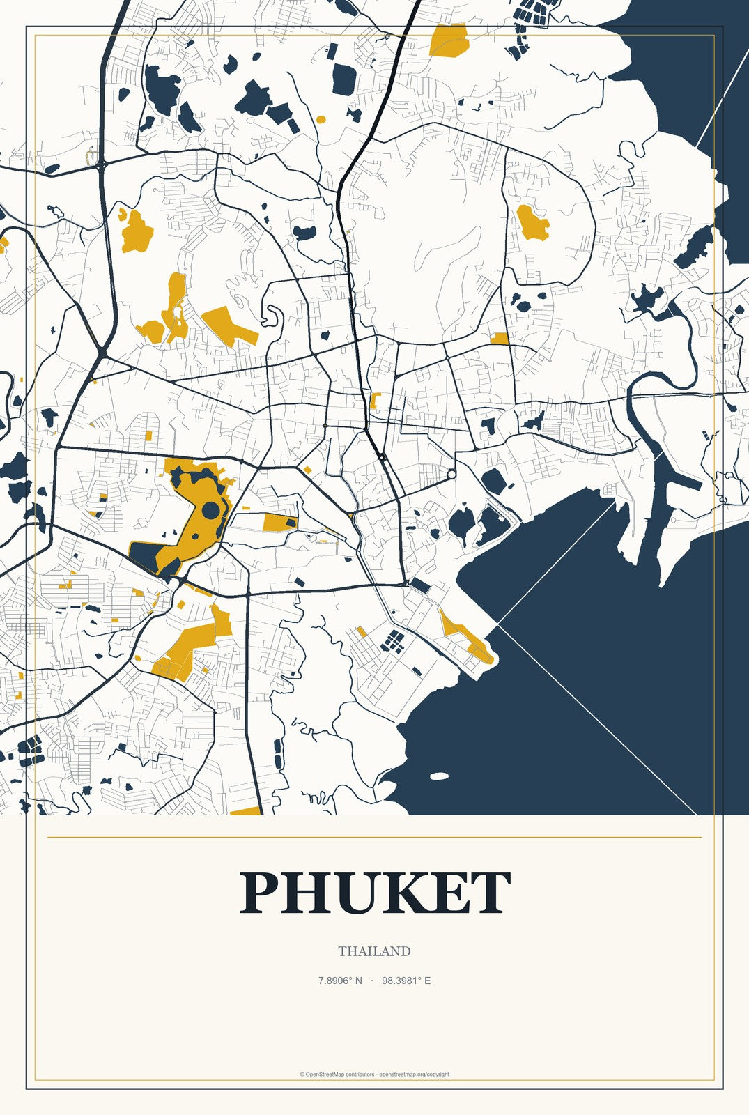 Phuket, Thailand City Map Aluminum Sign in Citrine Modern style
