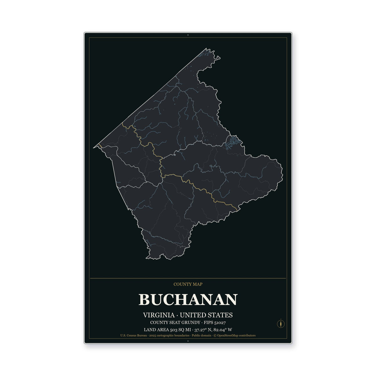 Buchanan County, Virginia Map Aluminum Sign in Metropolitan Noir style