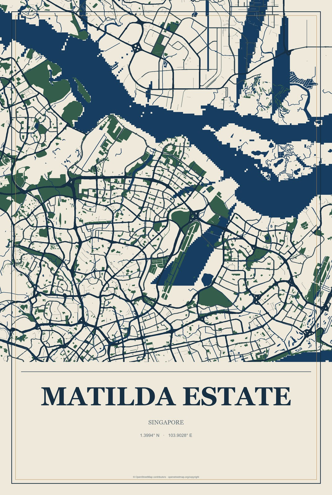 Matilda Estate, Singapore City Map Aluminum Sign in Coastal Cutout style