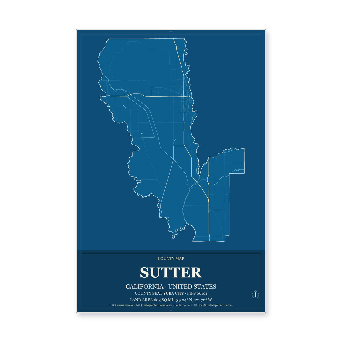 Sutter County, California Map Aluminum Sign in Harbor Cobalt style