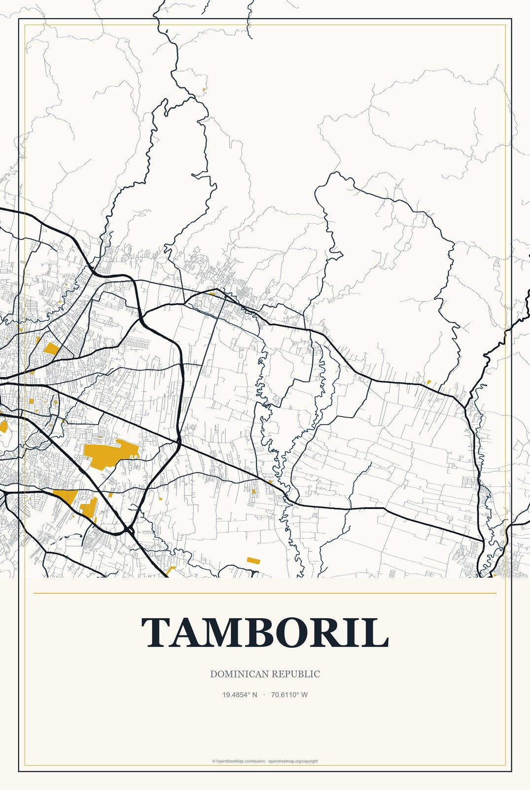 Tamboril, Dominican Republic City Map Aluminum Sign in Citrine Modern style