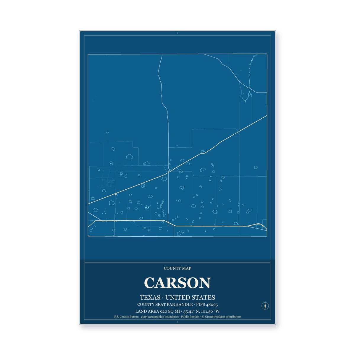 Carson County, Texas Map Aluminum Sign in Harbor Cobalt style