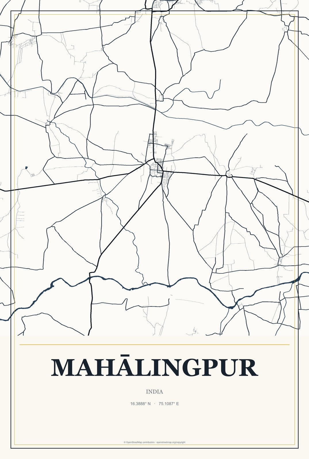 Mahālingpur, India City Map Aluminum Sign in Citrine Modern style