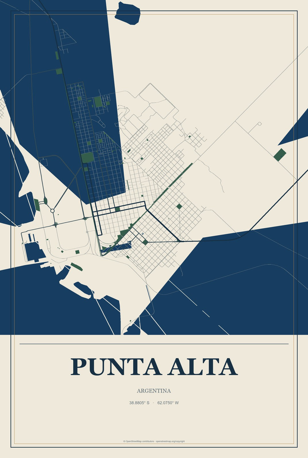 Punta Alta, Argentina City Map Aluminum Sign in Coastal Cutout style