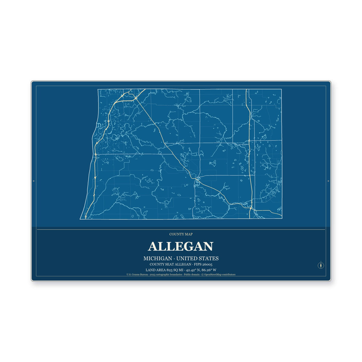 Allegan County, Michigan Map Aluminum Sign in Harbor Cobalt style