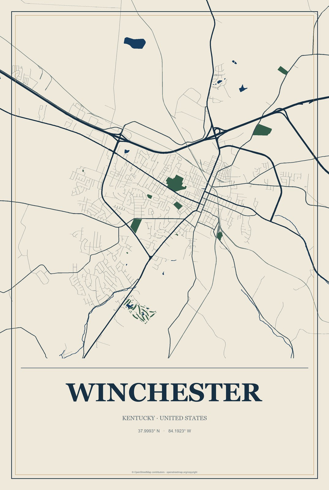 Winchester, Kentucky City Map Aluminum Sign in Coastal Cutout style