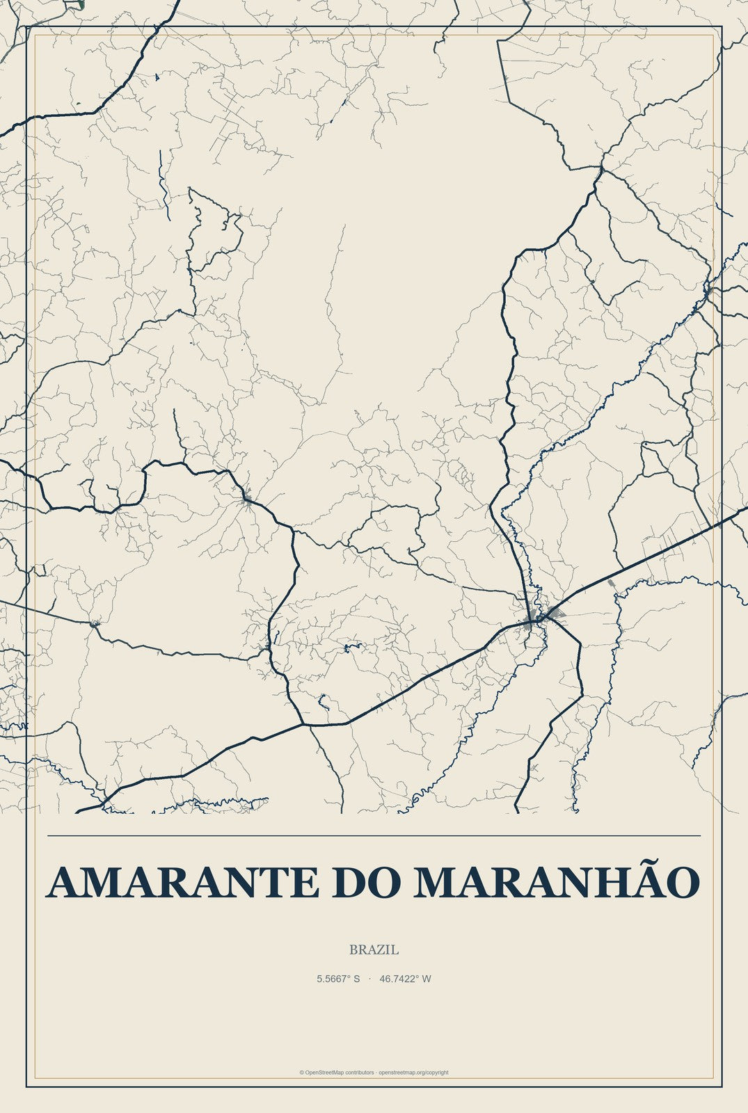 Amarante do Maranhão, Brazil City Map Aluminum Sign in Coastal Cutout style