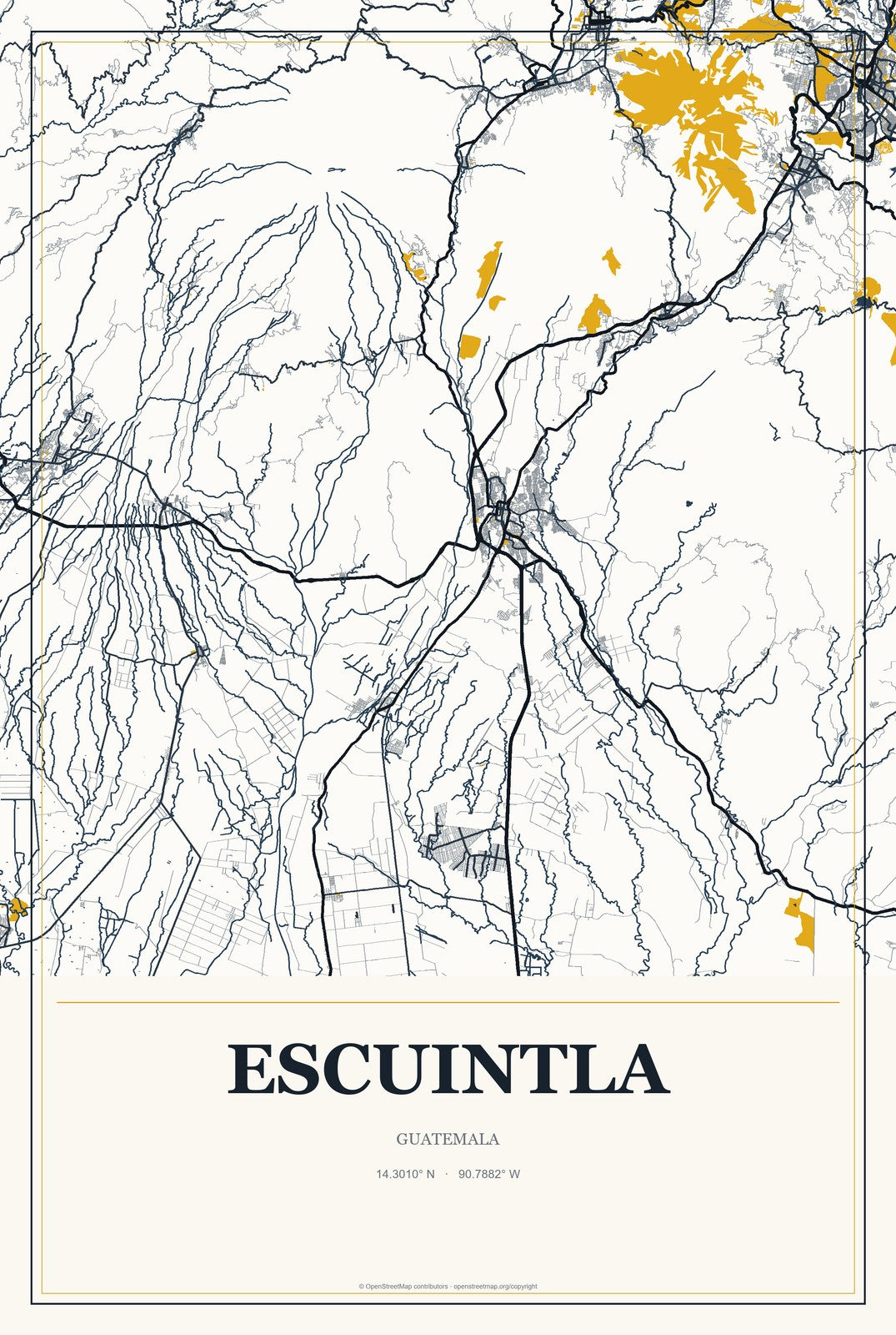 Escuintla, Guatemala City Map Aluminum Sign in Citrine Modern style