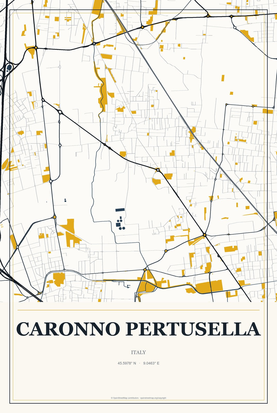 Caronno Pertusella, Italy City Map Aluminum Sign in Citrine Modern style