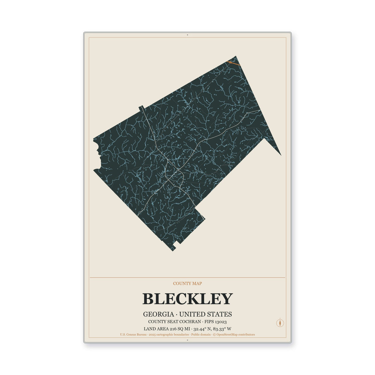 Bleckley County, Georgia Map Aluminum Sign in Headline Atlas style
