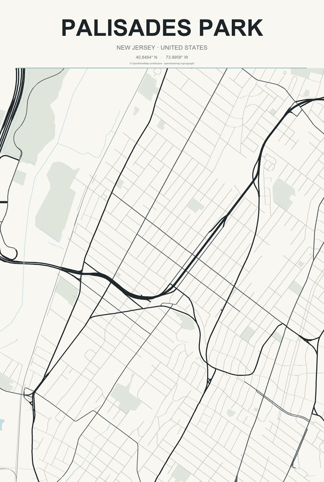Palisades Park, New Jersey City Map Aluminum Sign in Headline Atlas style