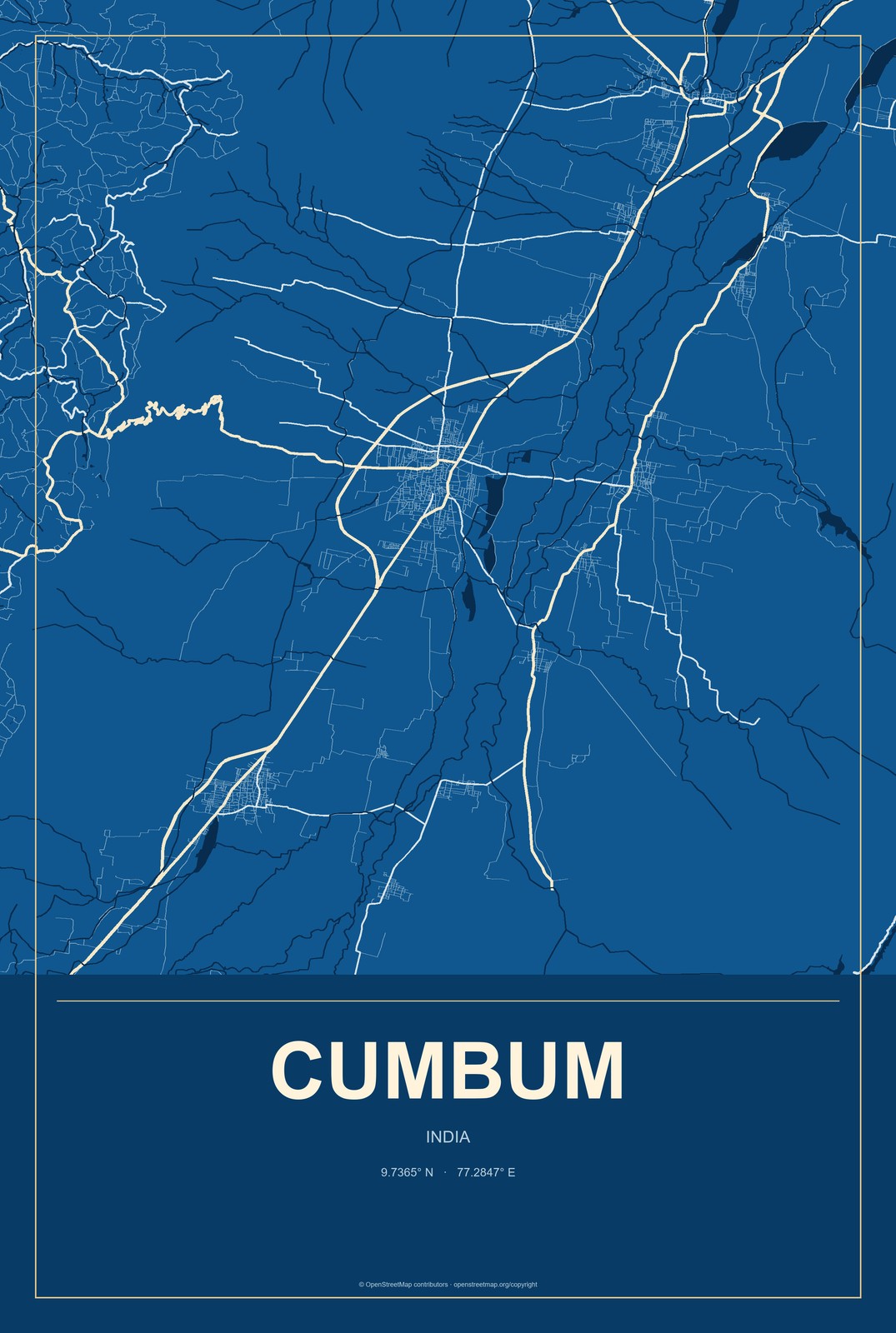 Cumbum, Tamil Nadu, India City Map Aluminum Sign in Harbor Cobalt style