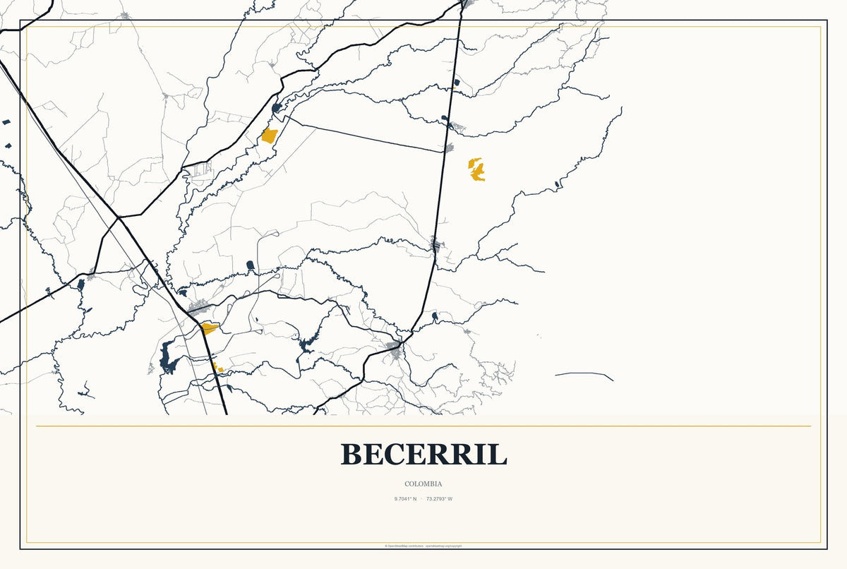 Becerril, Colombia City Map Aluminum Sign in Citrine Modern style