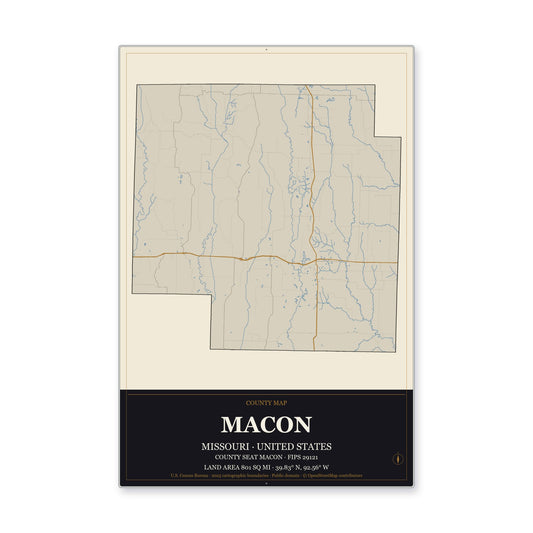 Macon County, Missouri Map Aluminum Sign in Museum Plaque style