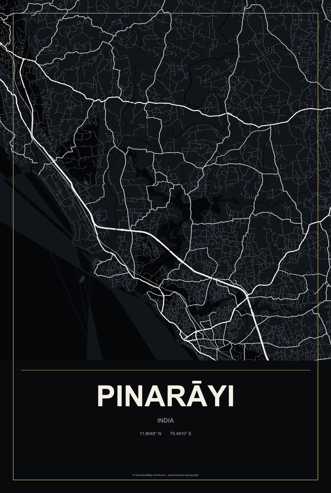 Pinarāyi, India City Map Aluminum Sign in Metropolitan Noir style