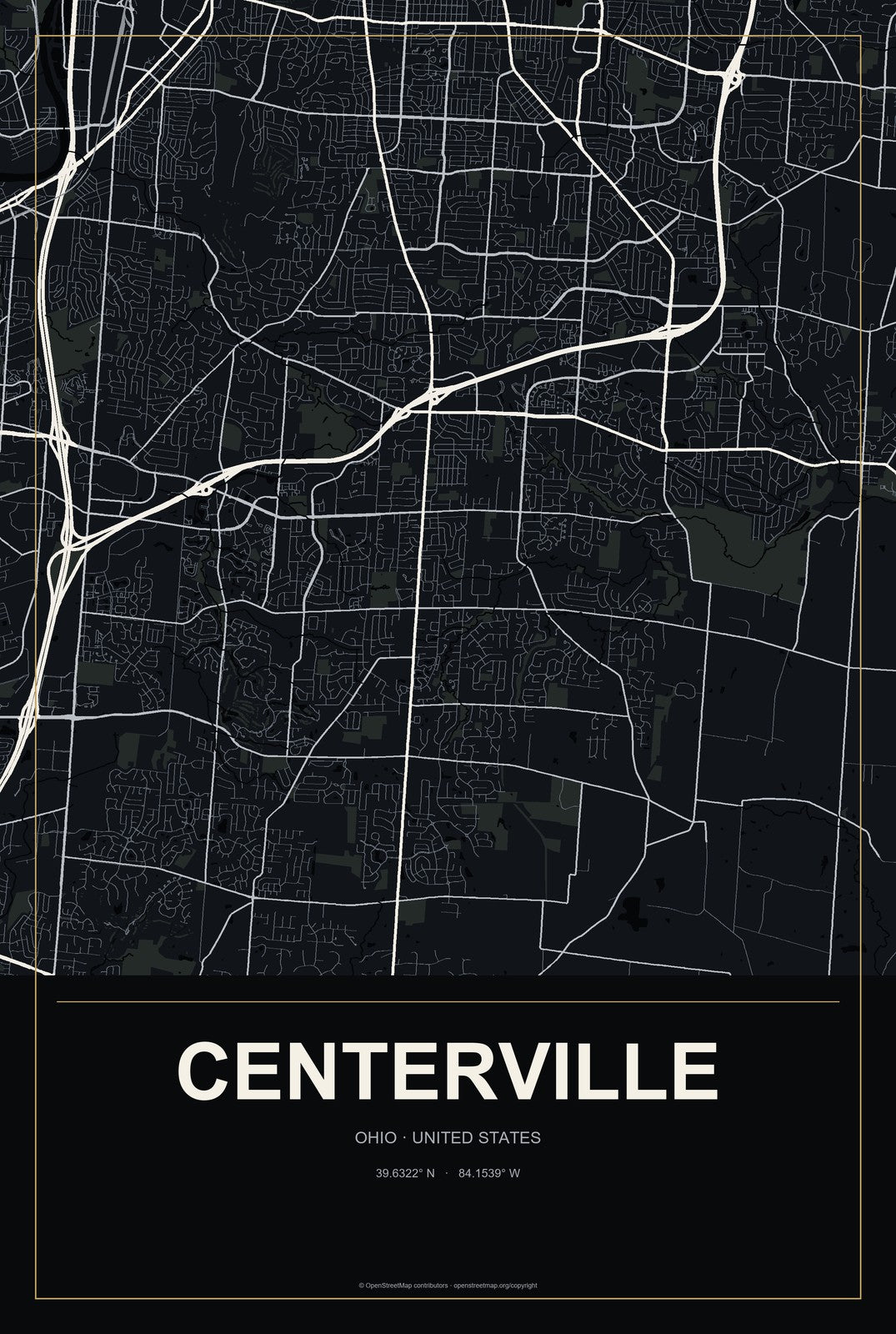 Centerville, Ohio City Map Aluminum Sign in Metropolitan Noir style