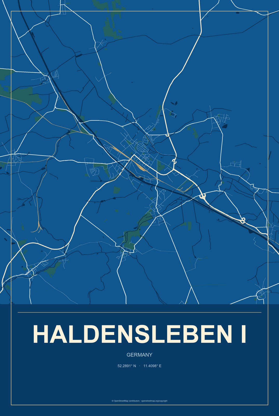 Haldensleben I, Germany City Map Aluminum Sign in Harbor Cobalt style