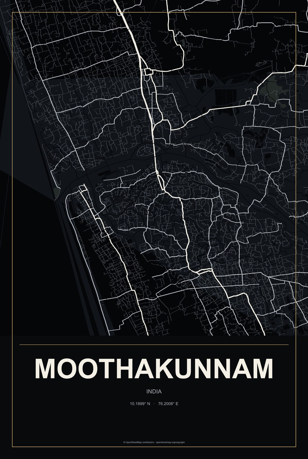 Moothakunnam, India City Map Aluminum Sign in Metropolitan Noir style