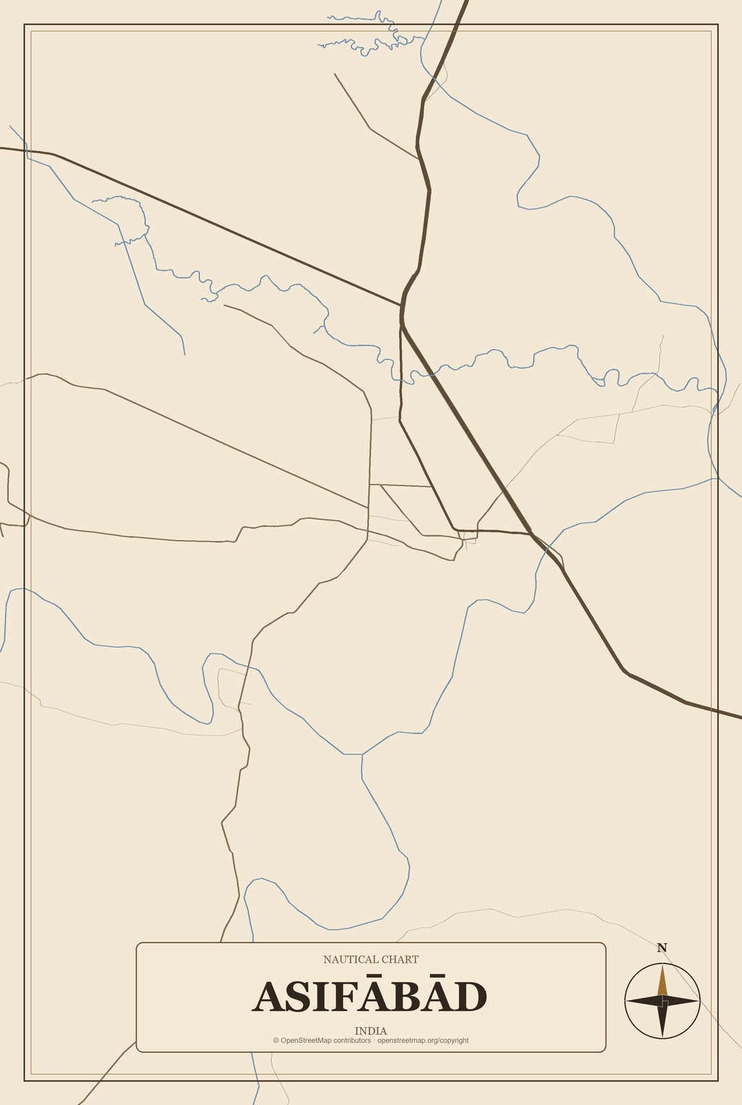 Asifābād, India City Map Aluminum Sign in Heritage Nautical style