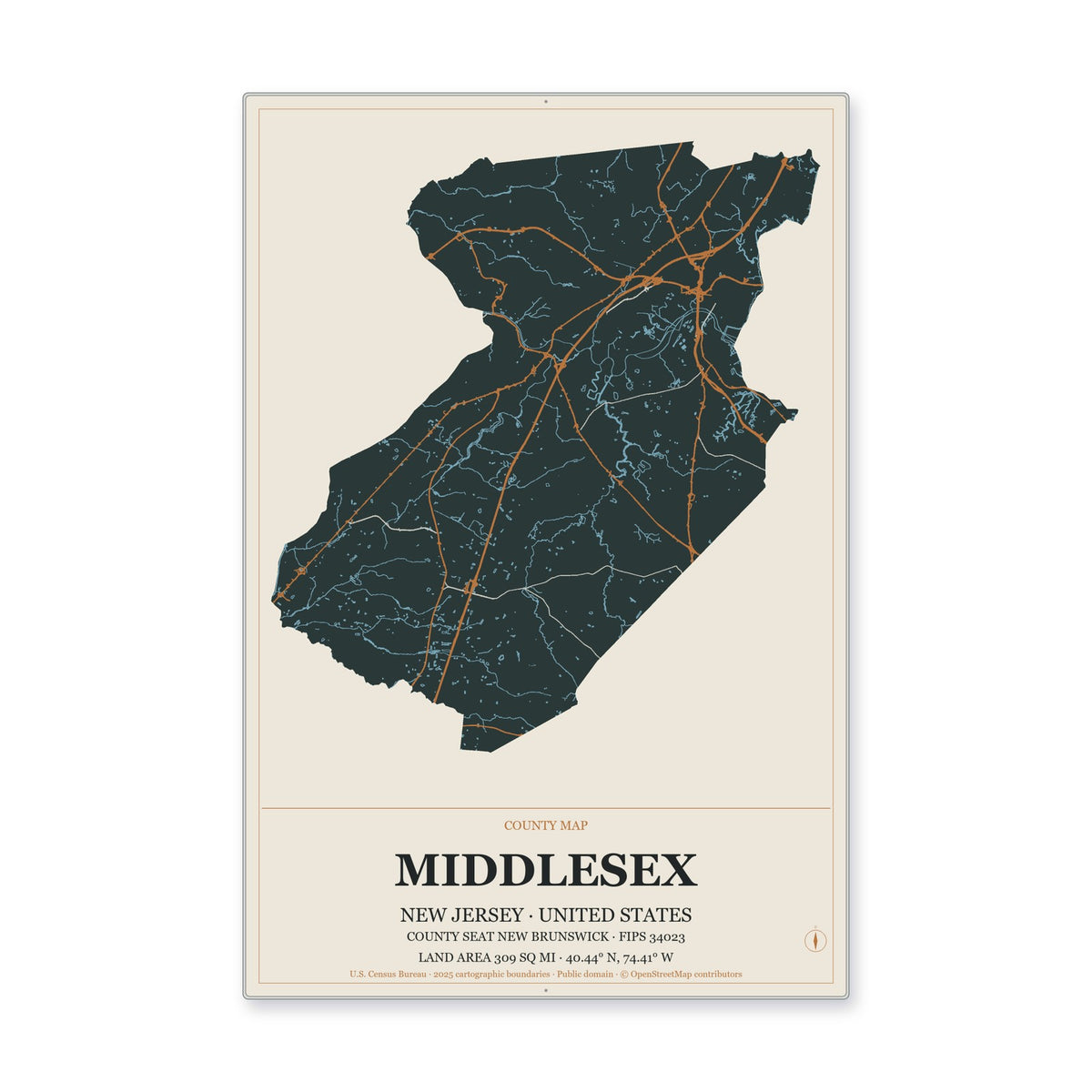 Middlesex County, New Jersey Map Aluminum Sign in Headline Atlas style