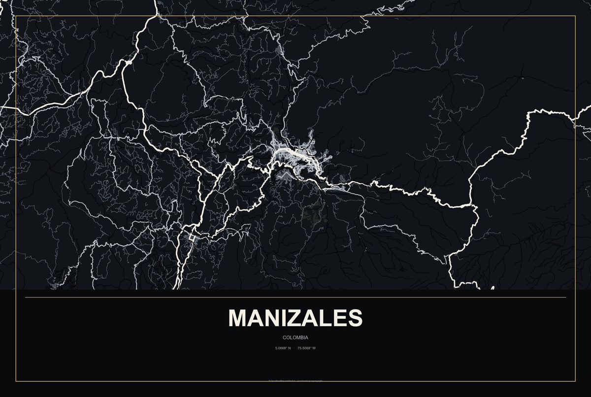 Manizales, Colombia City Map Aluminum Sign in Metropolitan Noir style