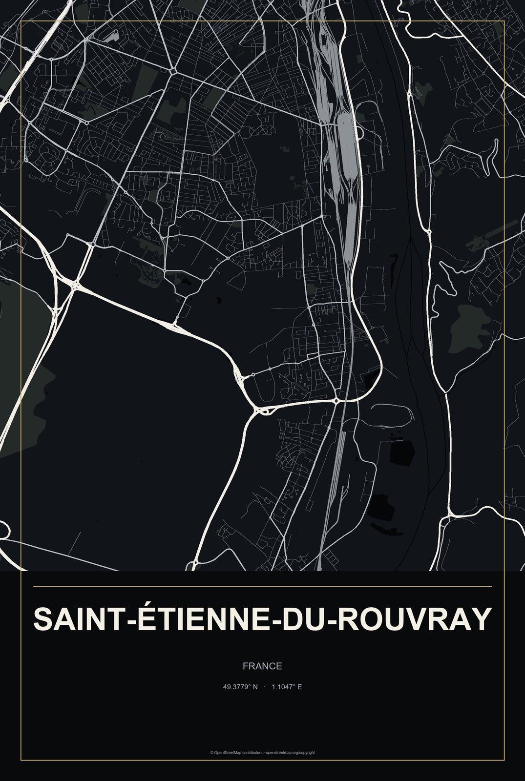 Saint-Étienne-du-Rouvray, France City Map Aluminum Sign in Metropolitan Noir style